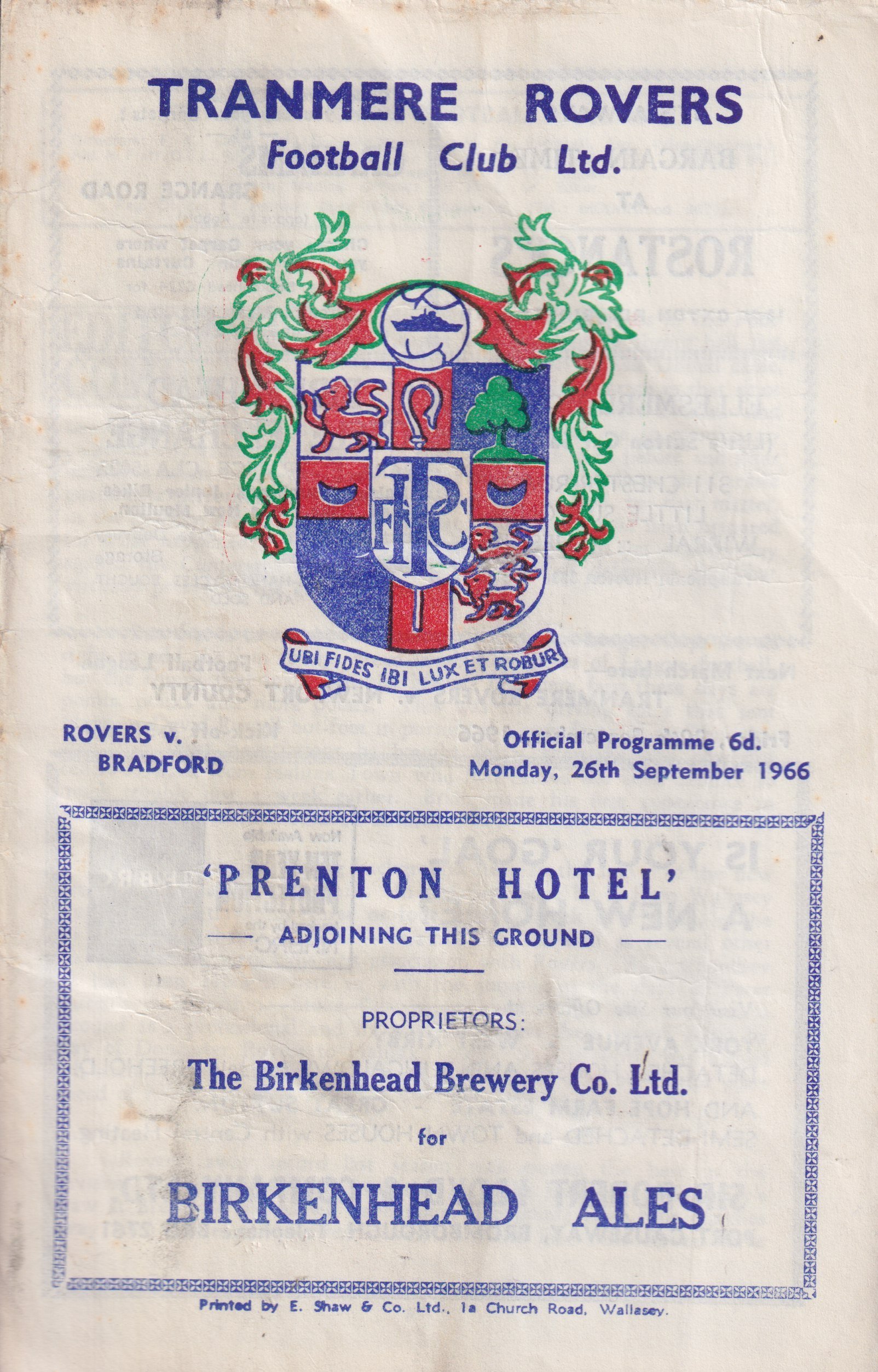 Tranmere Rovers v Bradford Park Avenue programme